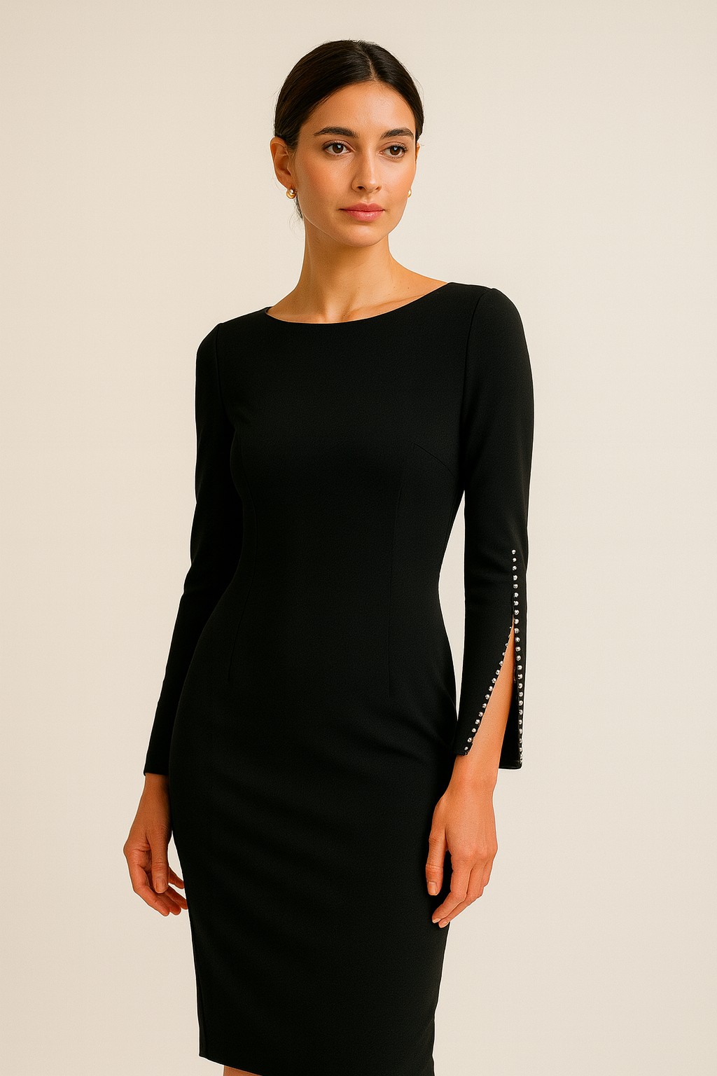 Slim-Fit Elegant Midi Dress with Beaded Slit Sleeve