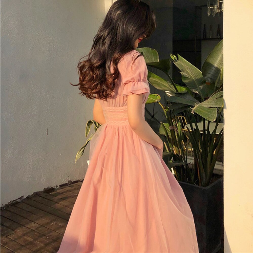 Long work dress Short Puff Sleeve A-line Women Dress Summer Slim Korean Style Mesh Elegant Vintage Mesh Dress-1