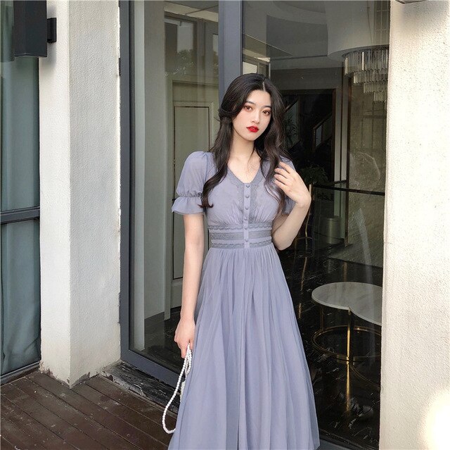 Long work dress Short Puff Sleeve A-line Women Dress Summer Slim Korean Style Mesh Elegant Vintage Mesh Dress-5