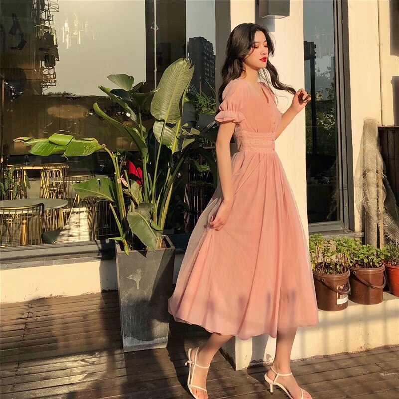 Long work dress Short Puff Sleeve A-line Women Dress Summer Slim Korean Style Mesh Elegant Vintage Mesh Dress-0