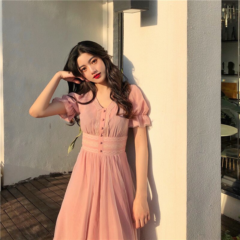Long work dress Short Puff Sleeve A-line Women Dress Summer Slim Korean Style Mesh Elegant Vintage Mesh Dress-3