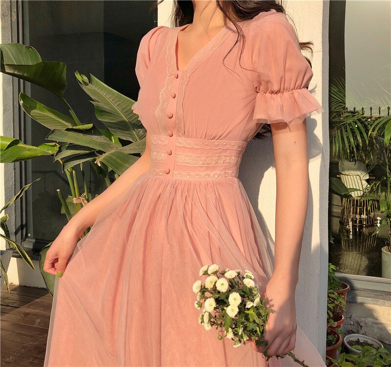 Long work dress Short Puff Sleeve A-line Women Dress Summer Slim Korean Style Mesh Elegant Vintage Mesh Dress-4